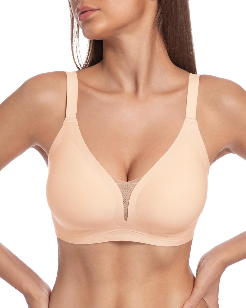 Deep V Wireless Push Up Jelly Bras for Women Seamless Sexy Mesh Supportive Lift No Underwire Luxe Soft Comfy Tshirt Bralette, Beige, X-Large