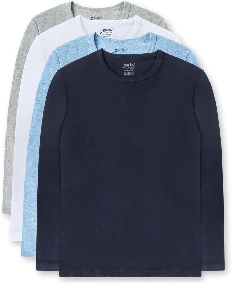 Brix 4 Pack Boys Long Sleeve Shirts Cotton Basic Tees Youth Layering T-Shirts Tagless (5-6 Years, Navy, Grey, Chambray, White)