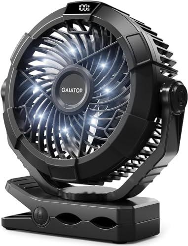 Gaiatop Portable Camping Fan with LED Lantern, 360°Rotation and Clip on for Desk, 4000mAh USB Rechargeable Battery Powered, Digital Display and Hanging Hook for Tent Outdoor Travel Bedroom Black