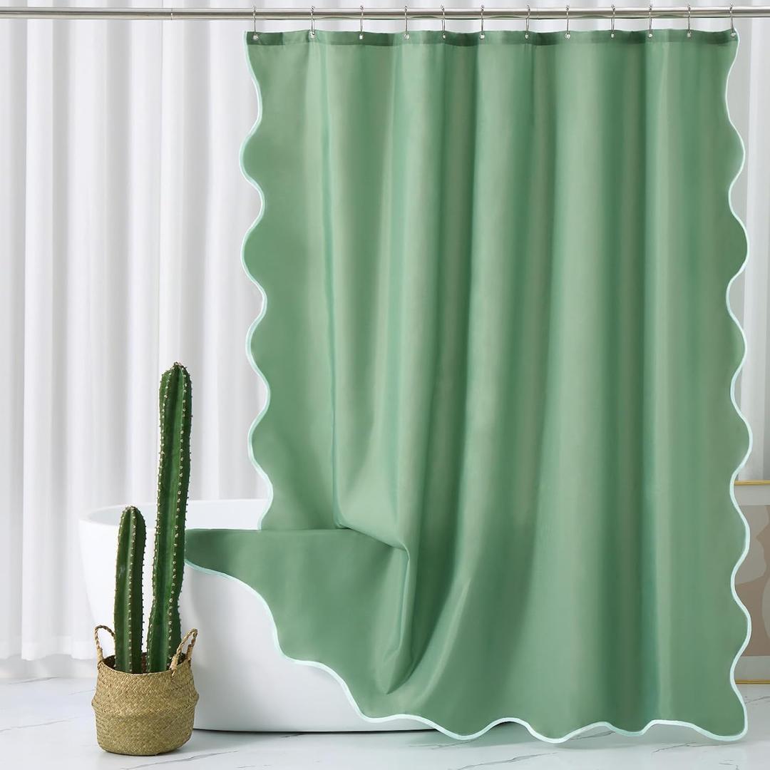 ORTIGIA Green Shower Curtain, Cute Sage Green Scalloped Ruffle Shower Curtains Aesthetic Preppy Boho Waterproof Fabric for Bathroom Decor with Metal Hook 72 W x 72 H Inch