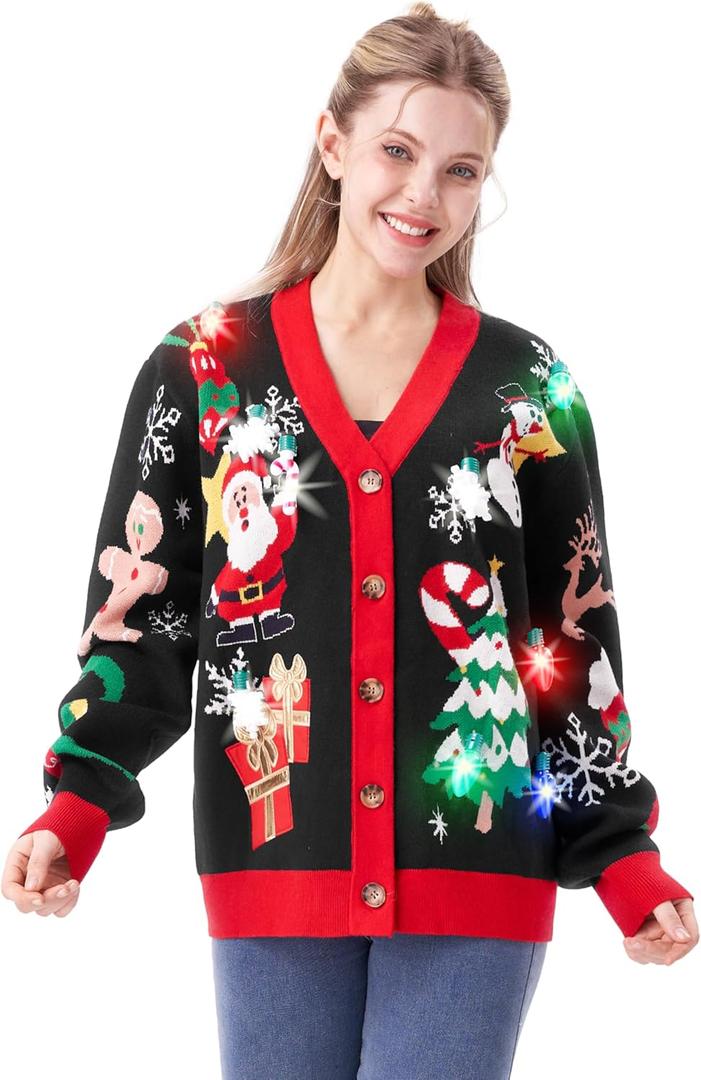 Giggling Getup Women Ugly Christmas Cardigan Sweaters, Funny Light Up V-Neck Ugly Christmas Sweater for Women 2025 (Medium, Black Santa)