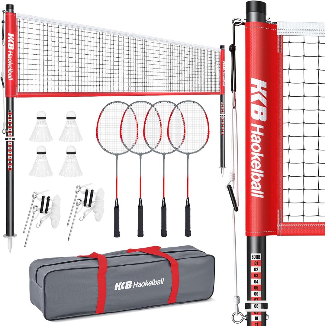 Haokelball Outdoor Badminton Net Set with Anti-Sag Winch System - 20ft Badminton Net, 4 Rackets, 3 Shuttlecocks & Carry Bag, Badminton Set for Backyard, Grass, Beach, Holiday Games