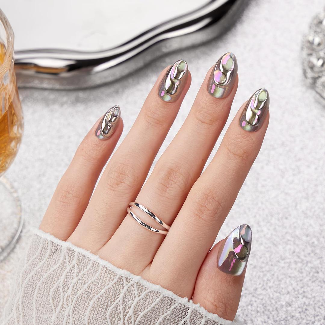 VSALON Press on Nails Short Almond - Chrome Silver Cat Eye 3D Swirl Design Fake Nails Kit for Women, Reusable Salon Quality Spring Summer Glue on Nails - 32 PCS Stick on Nails in 16 Sizes with Glue