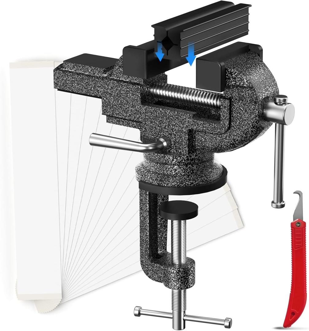 Golf Grip Vise Clamp Kit for Regripping Golf Club, Golf Grip Removal Tool - Inlcudes 15 Double-Sided Tapes (2"x 10"), 360 Swivel Portable Table Vise, A Hook Knife, Rubber Sleeve (No Solvent)