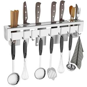 Knife Holder, Stainless Steel Knives Holder with 8 Hooks, No Punching kitchen Wall Mounted Multifunctional Chopsticks & Knife Holder for Storing Chopsticks, Knives & Rags in Home/Hotel
