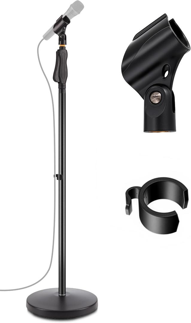Pyle Universal Microphone Stand - M-6 Mic Mount Holder and Height Adjustable from 27.5” to 57.5” Inch High w/Compact Round Base Plate - Quick Setting Lock-Tight Knob Lightweight and Reliable PMKS40