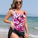 Daci Women's Tankini Swimsuits Swim Suits Women 2 Piece Tummy Control Bathing Suits with Skirt L Pink Flower