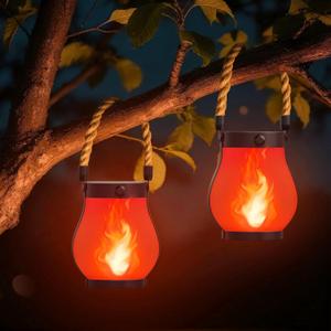 Hompavo Gen2 Solar Lanterns Outdoor Waterproof with Realistic Flickering Flame, Dual Charging (USB/Solar) & 2 Modes - Decorative Hanging/Table Lights for Patio Garden Porch Halloween Decor, 2/Red