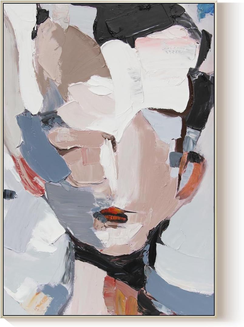 GeekMacro Abstract Face Textured Painting Hand Painted Colorful Wall Art for Living Room Large Framed Modern Canvas Artwork 45x30 Vertical Wall Decor