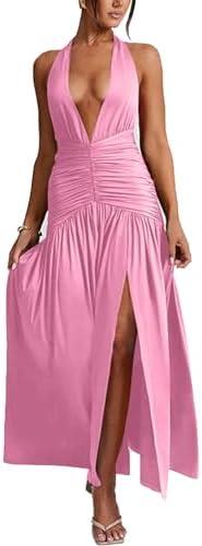 Ekaliy Women's Sexy Halter Deep V Neck Maxi Dress Sleeveless Backless High Slit Ruched Long Dress Summer Party Cocktail Dress