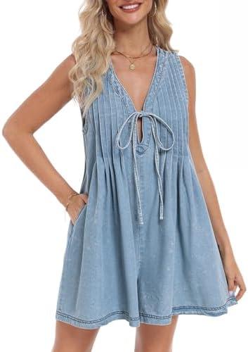 Vidifid Women's Casual Summer Sleeveless Denim Romper Tie Front V Neck Ruffle Jean Short Overall With Pockets, Size XL