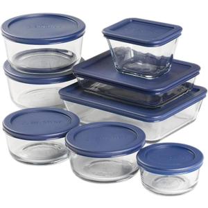 Anchor Hocking 16 Piece Glass Storage Containers with Lids (8 Glass Food Storage Containers & 8 Navy Blue SnugFit Lids)