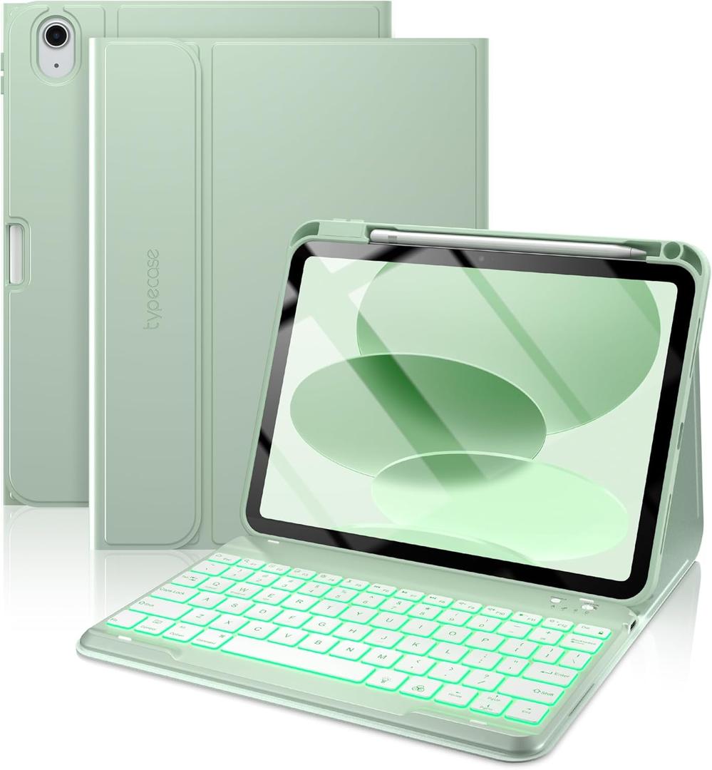 typecase Folio Keyboard Case for iPad 10th Gen 10.9 inch (2022) and iPad 11th (A16, 2025), Magnetic Wireless Detachable Keyboard, 7-Color Backlight, Thin & Light, Pencil Holder  Matcha Green