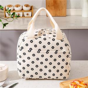 Cute Corduroy Lunch Box for Women, Insulated Leakproof Cooler Lunch Tote Bags for Work Office Travel Picnic, Lightweight Reusable Lunch Bag (White Flower)