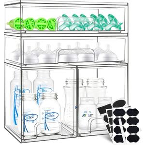 Baby Bottle Organizer, 4 Pack Stackable Storage Drawers with Labels, Clear Station Organizers Container for Pacifiers, Pump Parts, Desk Organizer Bins for Bathroom, Cabinet, Pantry, Vanity, Countertop