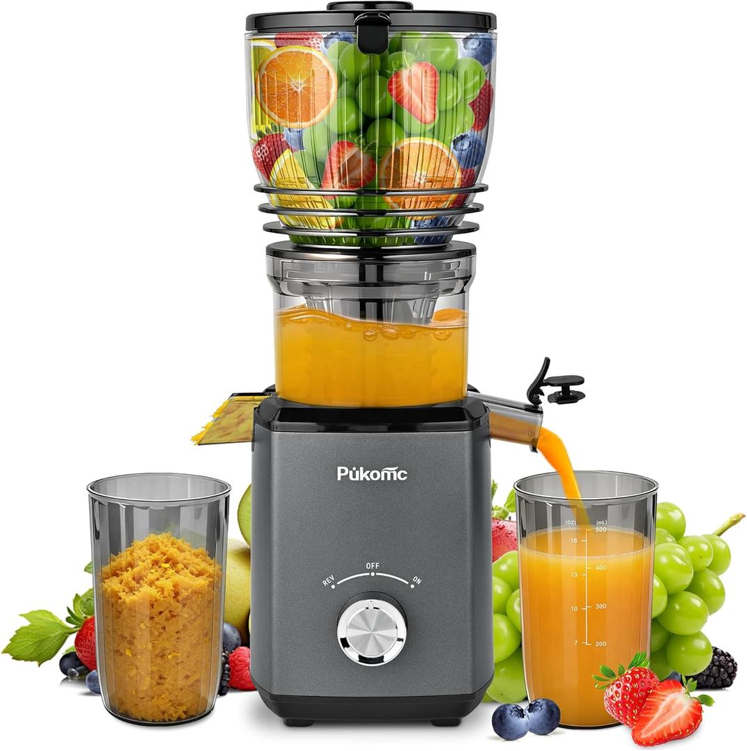 Pukomc Cold Press Juicer, 5.8-inch Wide Feed Chute for Whole Fruits and Vegetables - 1.8L Capacity 300W Cold Press Juicer with Slow Grinding Juicing, Includes Cleaning Brush and Juicing Cup, Grey