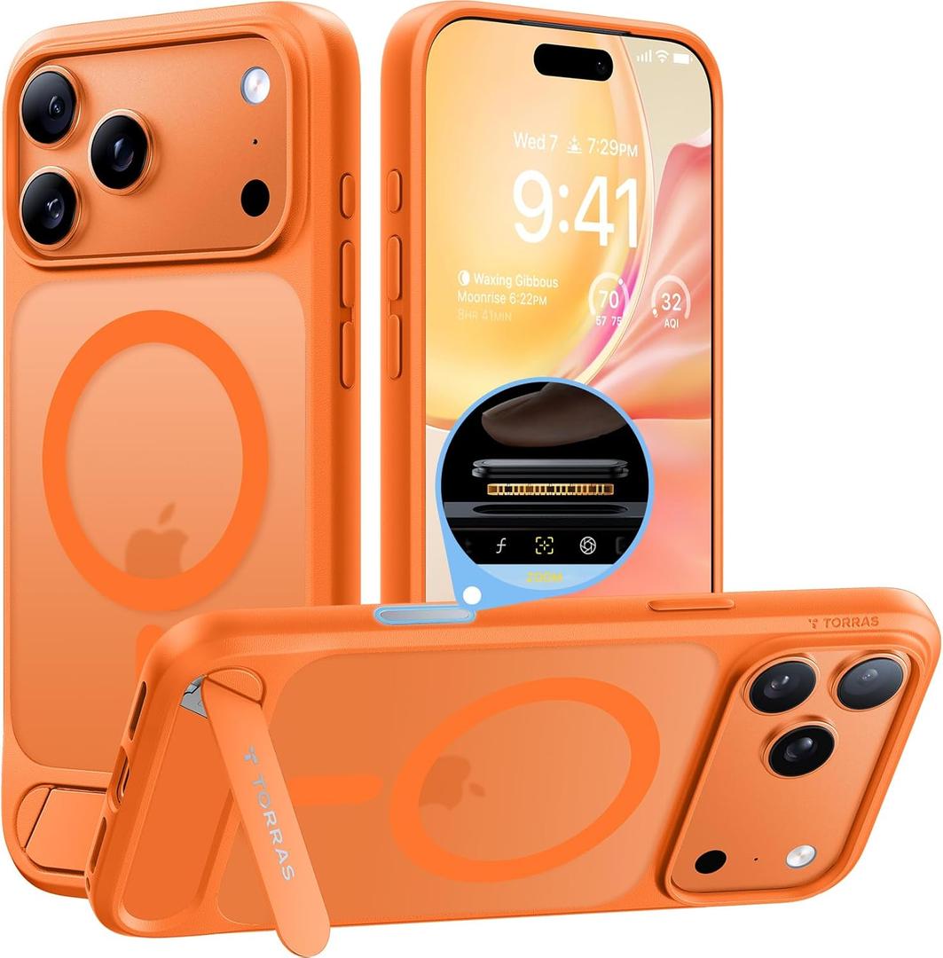 TORRAS Strong Magnetic & Seamless Stand for iPhone 17 Pro Max Case, Fit for MagSafe, Military Grade Drop Protection, Adjustable Kickstand for iPhone 17 Pro Max Case Translucent Matte Orange