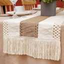 Cotton Macrame Table Runner, 108 x 14 Inches, Beige and White, Bohemian Style with Tassels