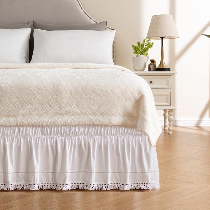 MIYE Wrap Around Ruffled Lace Bed Skirt, Elastic Dust Ruffle with Adjustable Belts, Easy to Put On, Bed Frame Cover, Machine Washable (Tassel Ruffle/White, Full/Twin-18 Drop)