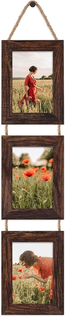 QUTREY 4x6 Picture Frames Collage, 3 Openings 4 x 6 Vertical Hanging Photo Frames Display 4 by 6 inch Pictures for Wall Decor, Distressed Brown