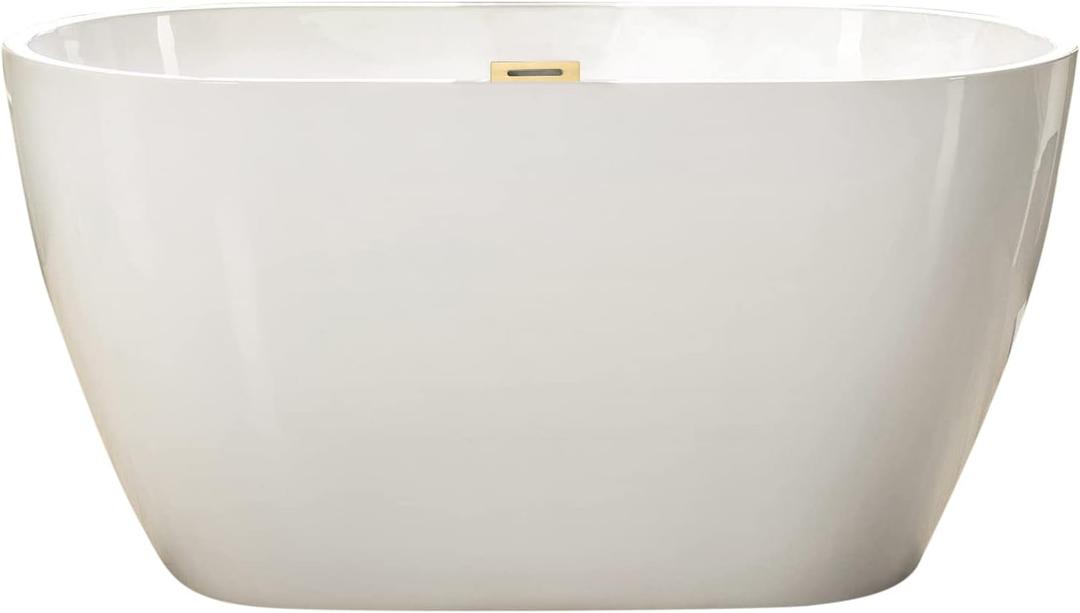 WOODBRIDGE 48" Acrylic Freestanding Bathtub Contemporary Soaking Tub, White Acrylic(Brushed Golden Drain/Overflow),BTA1703-BG-Drain&O