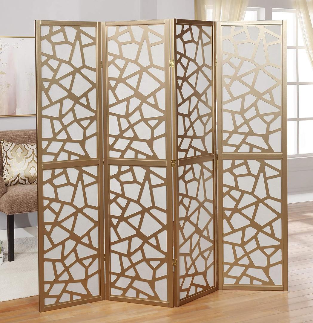 Roundhill Furniture Giyano 4 Panel Screen Room Divider, White Screen with Gold Frame