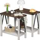 ChooChoo Farmhouse End Table Set of 2, Narrow Side End Table with Storage Shelf, Rustic A-Design Nightstand Sofa Table for Living Room, Bedroom(White&Brown)