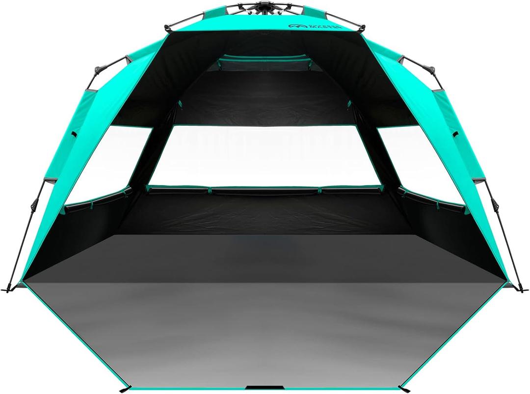 OutdoorMaster Beach Tent with Blackout Shelter Technology, Portable Beach Shade Sun Shelter Canopy for 4-6 Person with UPF 50+ UV Protection, Easy Setup Pop Up Tent Family Size, Green 