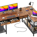 55 Inch L Shaped Office Desk with Power Outlets and Type-C Port, Large Computer Gaming Desk with 3 Fabric Drawers, Mesh Shelves, Corner Study Work Writing Desk, Rustic Brown