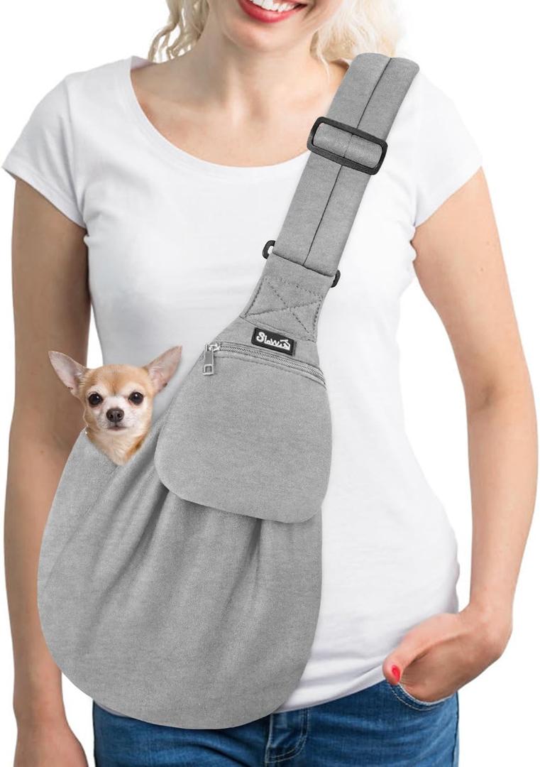 Lukovee Pet Sling, Hand Free Dog Sling Carrier Adjustable Padded Strap Tote Bag, Shoulder Bag with Safety Belt & Front Pocket for Small Dog Cat Puppy (Grey-WY,S) (B2- Grey (Knitted Fabric))