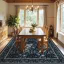 Joydeco Floral Living Room Rugs, Washable Large Bedroom Rug 8x10 Under Bed Non Slip, Soft Forest Botanical Low-Pile Floor Indoor Throw Carpet for Dining Table Home Office, Blue-Black