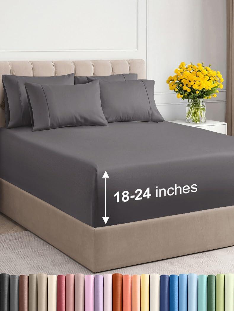 Extra Deep Queen Sheet Set - 6 Piece Breathable & Cooling Sheets - Hotel Luxury Bedding Set w/18-24 Inch Extra Deep Pockets - Easy & Secure Fit - Super Soft, Wrinkle Free and Comfy - Grey, Queen Size (07 - Dark Grey)