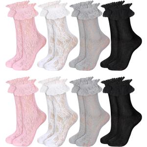 8 Pairs Women Lace Socks Ruffle Frilly Ankle Women Cute Lolita Lace Trim Socks (5-9, 4 Colors)