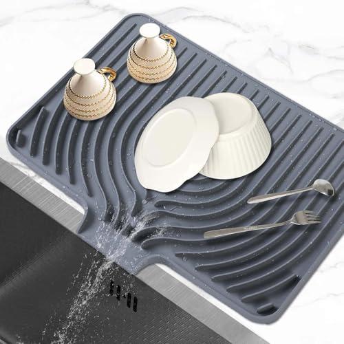 Dish Drying Mat for Kitchen Counter, with Built-in Drain Lip, Food-Grade Silicone, Easy Clean Pad for Countertop Protection, Multi-Functional Use (18 x12 Raised Sink, Grey)