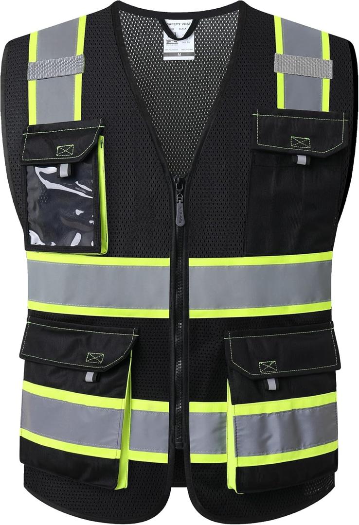 JKSafety Hi Vis Reflective Safety Vests for Men Women High Visibility Vest with Pockets Mesh Fabric Construction Safety Apparel Neon Vest for Work (220-Black L)