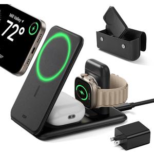 ESR 3 in 1 Charging Station for Apple, 15W MagSafe Charger Stand, MagSafe Travel Charger for iPhone 17/16/15/14/13/12 Series, Watch, AirPods, Black (Bag Included)