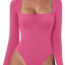 QINSEN Women's Sexy Square Neck Bodysuit Long Sleeve Double Lined Shirt Tops,Seze M