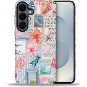 Compatible with Samsung Galaxy S26,Frosted Dual-Layer Protection with Phone Case Cover - Beachy Collage Aesthetic Turtles Floral