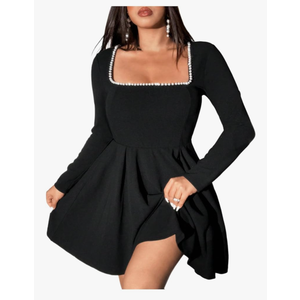 Women's Long Sleeve Mini Dress Pearl Square Neck Ruffle Hem Short Dress Bride Party Club Elegant Dresses M