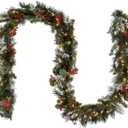 National Tree Company 9 ft Pre-Lit Wintry Pine Flocked Artificial Christmas Garland, Christmas Decoration with Pinecones, Red Berries, 100 Clear Lights, 184 Tips, Green, 108X12X6