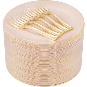 LIYH 200 Pcs Pink Gold Dessert Plates and Forks,Small Cake Plates 7.5 Inch,Party Plate and Forks 5 Inch for Bridal Shower,Birthday Tea Party