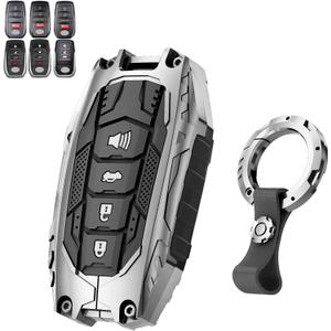 Heavy Key Fob Cover for Toyota RAV4 Tundra Camry Land Cruiser Corolla Cross Grand Highlander Venza Fortuner Prius 4 Button Zinc Alloy Car Key Case Protector with Keychain (Silver)