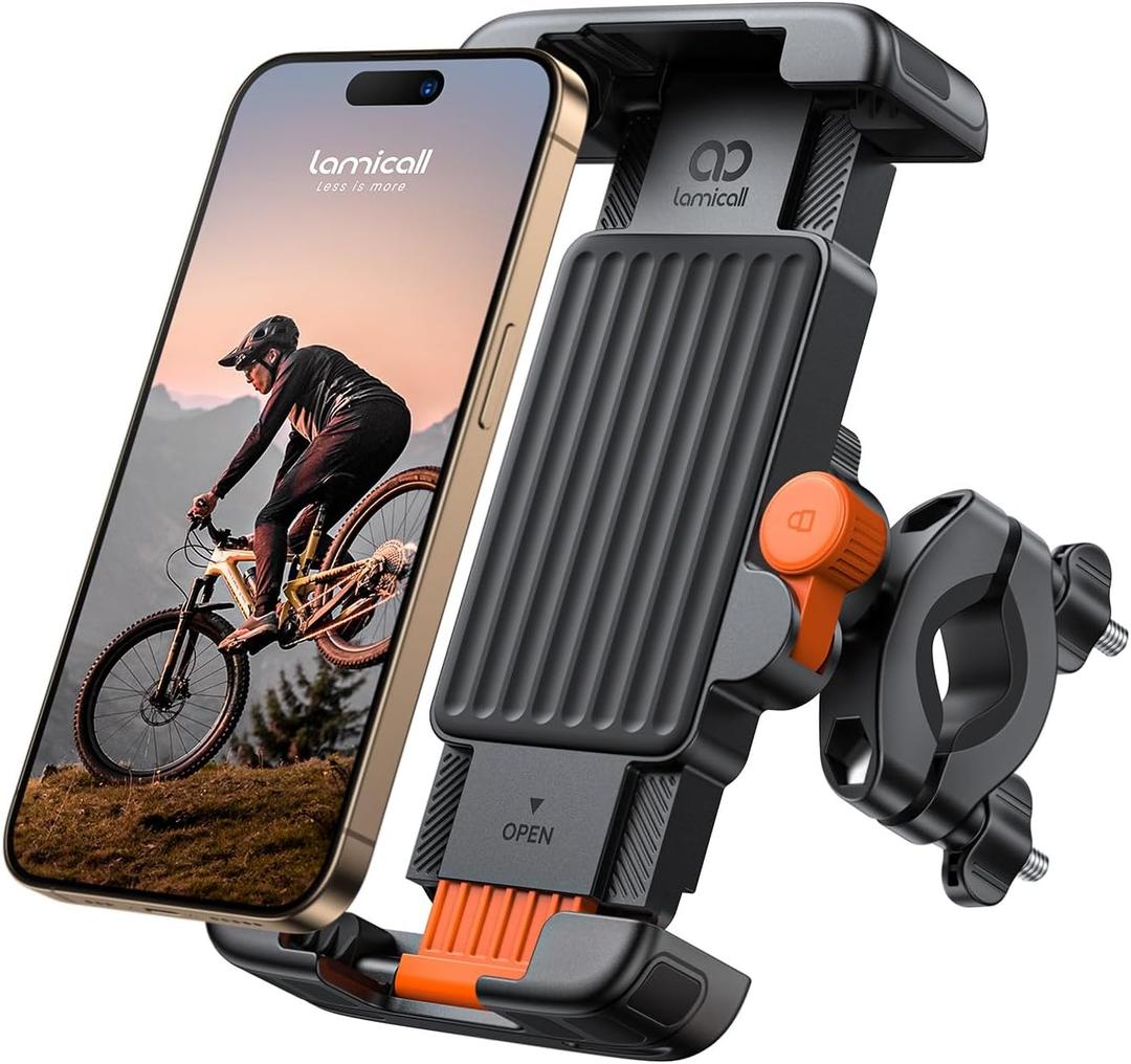 Lamicall Bike Motorcycle Phone Mount - [1s Quick Lock] Bike Cell Phone Holder Clip, Bicycle Scooter Handlebar Clamp, for iPhone 17 16 15 Pro Max, Galaxy S25 S24 Ultra, 6-7.2" Phones, Orange