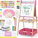3-in-1 Adjustable Kids Art Easel with Magnetic Whiteboard, Chalkboard & 3 Paper Rolls, All-in-One Double Sided Wooden Painting Easel with Accessories for Toddlers and Kids Ages 3+