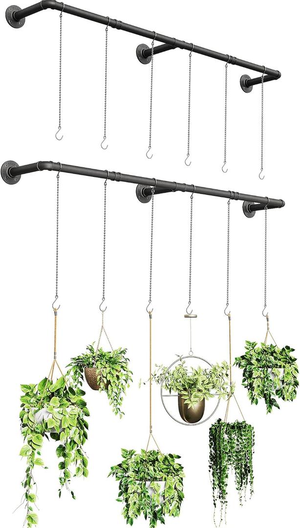 Plant Hanger Indoor, 2 Pack Hanging Planters Rod for Indoor Plants with 12 Hanging Chains, Wall Plant Hanging Rod for Window Ceiling, 65.7 Inch, Metal/Black, Pots Not Included (65''-2 Packs, Black)