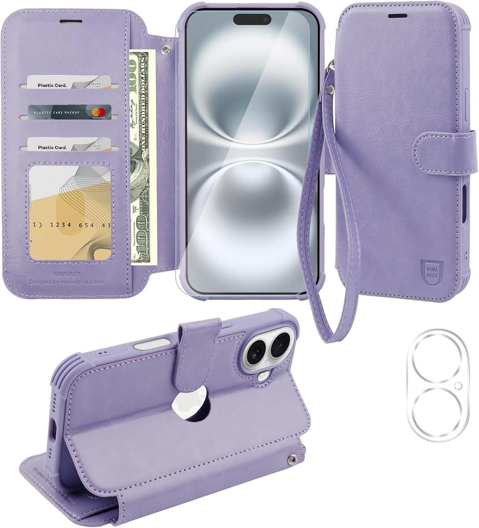 VANAVAGY Compatible for iPhone 16 Plus Wallet Case, PU Leather Flip Cover with RFID Blocking Card Holder Wrist Strap Kickstand for Wireless Charging, [Screen Protector & Camera Cover], Clove Purple