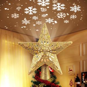 Christmas Tree Topper Lighted with 6 Projected Patterns -Christmas Star Tree Topper Built-Led Rotating Lights -3D Glitter Dynamic Projector for Indoor Xmas New Year Holiday Party Decorations, Golden Star