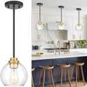Pendant Lights Kitchen Island, 7" Black and Gold Hanging Lights Fixtures with Clear Glass Globe Shade, Modern Kitchen Island Lighting for Bathroom, AD-22280-1P-KG