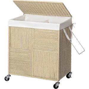 WOWLIVE Double Laundry Hamper with Lid, Handwoven Rolling Laundry Basket with Wheels, 115L Dirty Clothes Hamper with Removable Liner Bag Large Laundry Sorter Laundry Room Organization,Light Beige