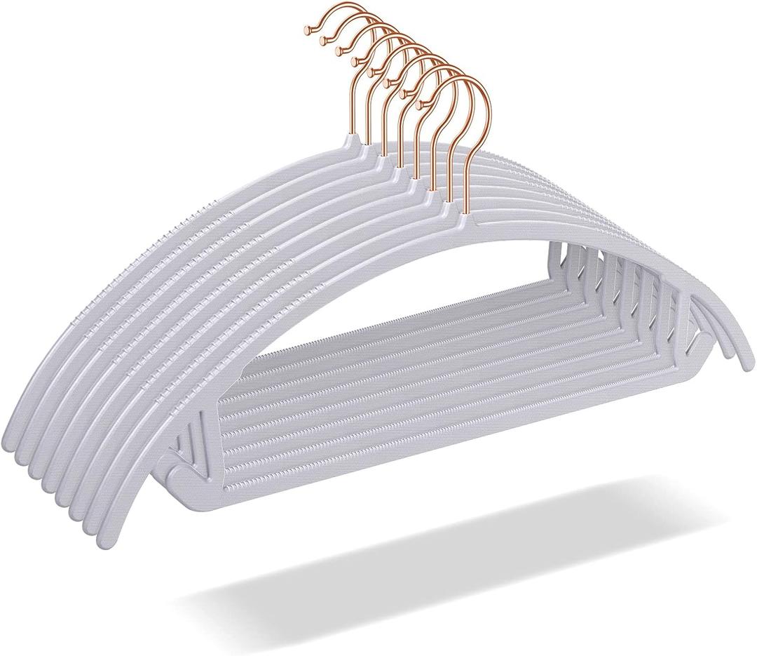 OIKA Hangers - 50 Pack Rose Gold Hooks, Non Slip Space Saving Plastic Suit Hangers, Heavy Duty, Rounded, for Sweaters, Coats, Jackets, Pants, Shirts, Dresses - Grey (grey-17.7inch, Gray)
